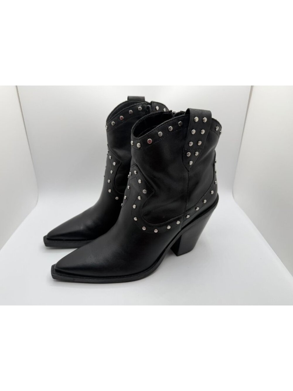 Arezzo Norah High Block Cowboy Boots Women Size 9B Black Leather Studded